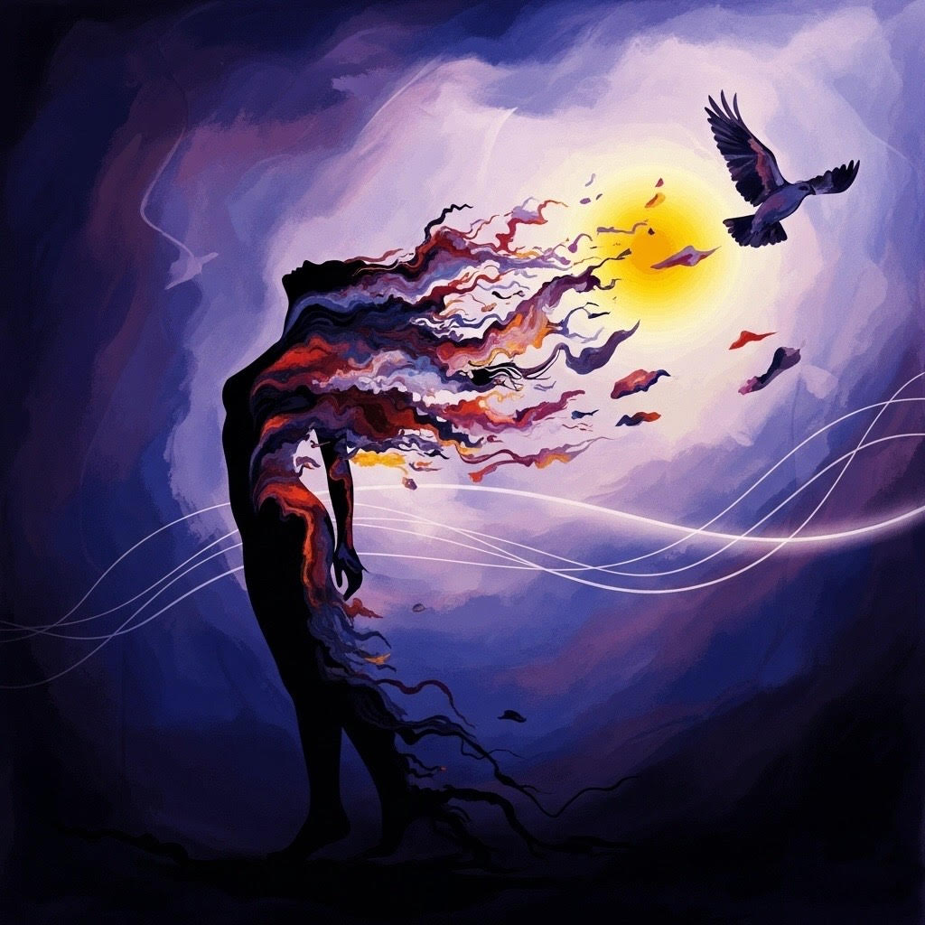 Artists rendition of a woman standing defiantly against 
                             the wind. Her back is arched and head and neck follow, 
                             her arms are pointing straight down, but her hand is relaxed. 
                             Her long hair is being blown by the wind, with bits of it 
                             carried away. There is a bird shown flying in the wind, 
                             set next to the woman's hair. The peice is set against the 
                             night sky with a strong moon giving it a dramatic feel. 
                             The overall impression is of a woman undergoing a 
                             profoundly positive transformation.